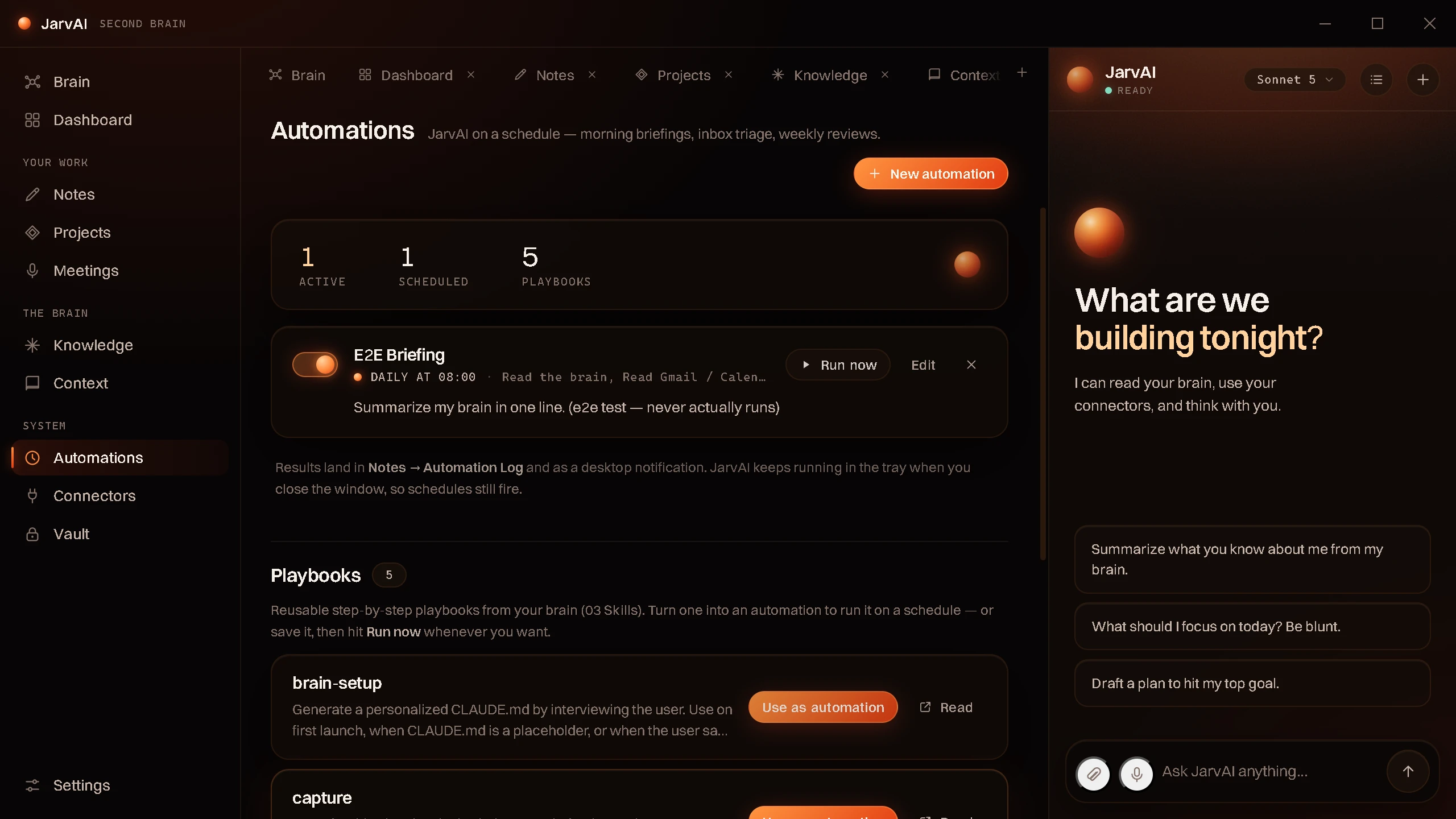 The automations view showing scheduled headless runs and a daily brief