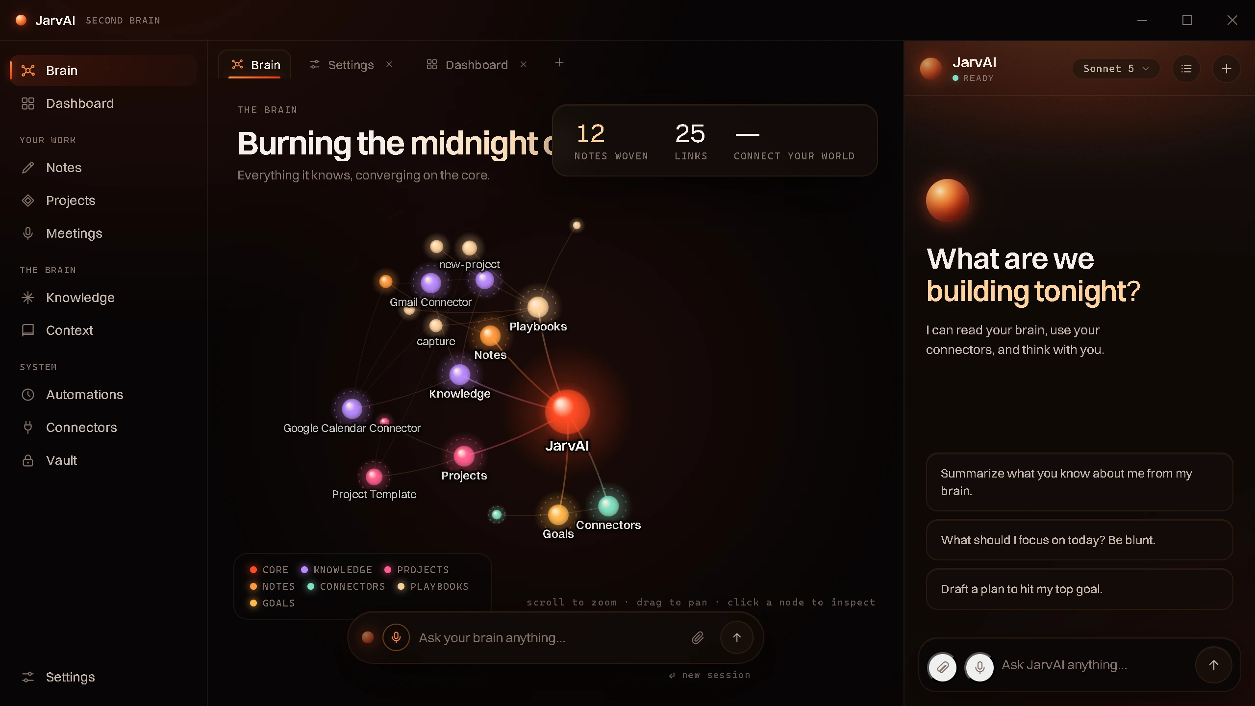 The JarvAI app showing your knowledge as a living constellation, with a Claude-powered chat on the right